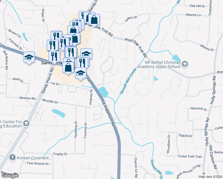 map of restaurants, bars, coffee shops, grocery stores, and more near 2171 Mainsail Drive Northeast in Marietta