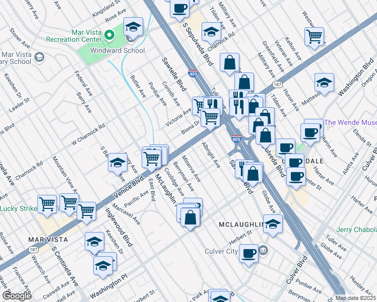 map of restaurants, bars, coffee shops, grocery stores, and more near 11412 Venice Boulevard in Los Angeles