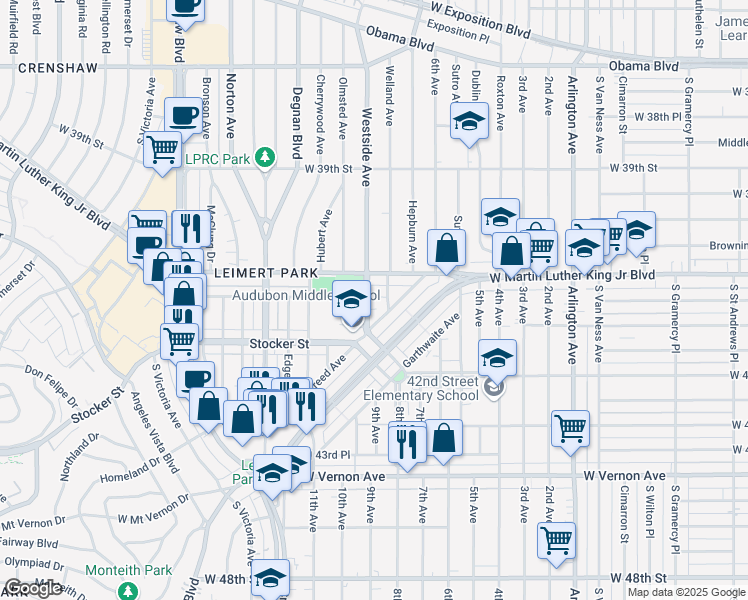 map of restaurants, bars, coffee shops, grocery stores, and more near 4076 9th Avenue in Los Angeles