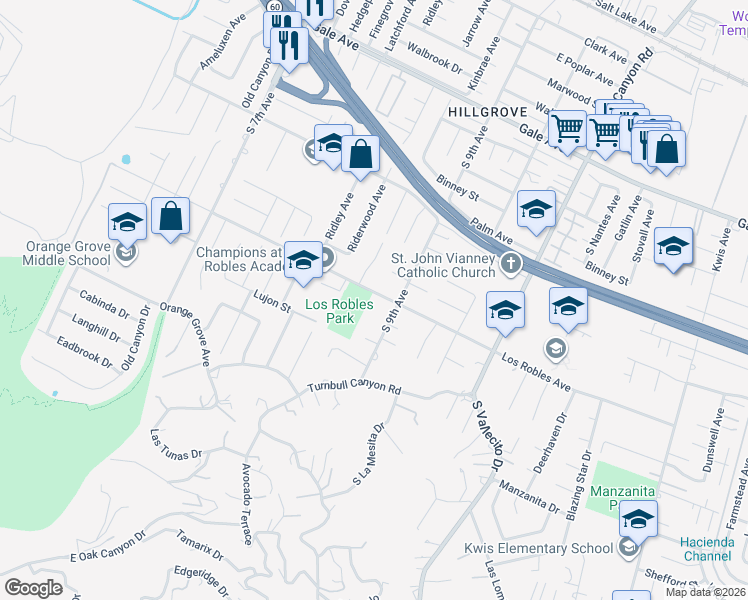 map of restaurants, bars, coffee shops, grocery stores, and more near 14936 Los Robles Avenue in Hacienda Heights