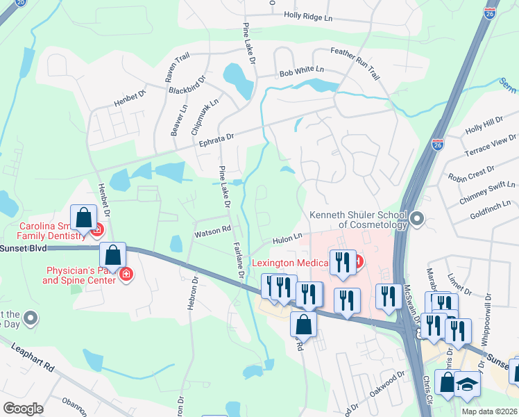 map of restaurants, bars, coffee shops, grocery stores, and more near 1203 Hulon Circle in West Columbia