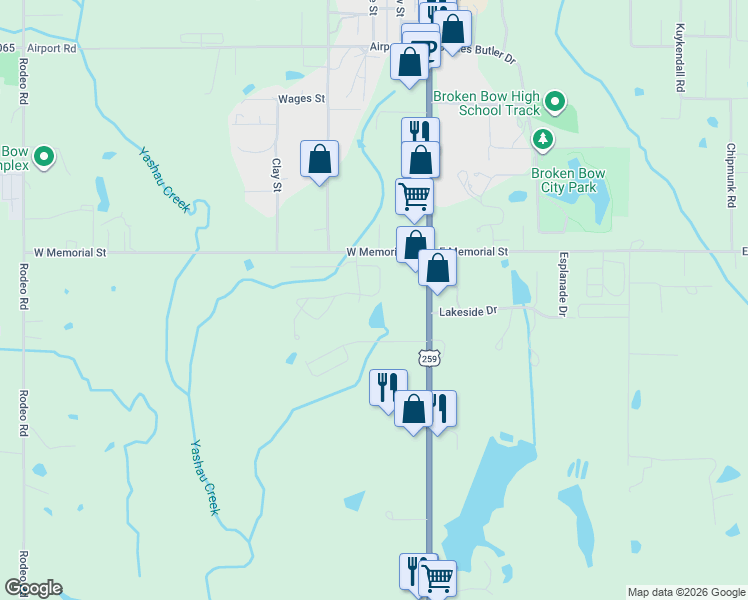 map of restaurants, bars, coffee shops, grocery stores, and more near Yashau Drive in Broken Bow