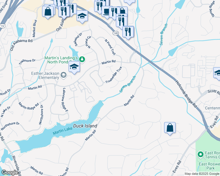 map of restaurants, bars, coffee shops, grocery stores, and more near 235 Winterberry Court in Roswell