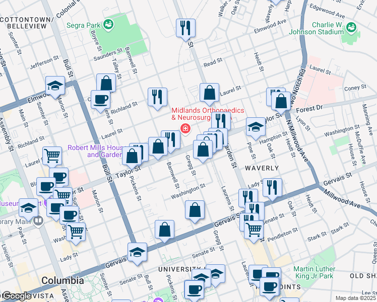 map of restaurants, bars, coffee shops, grocery stores, and more near 1510 Cherokee Street in Columbia