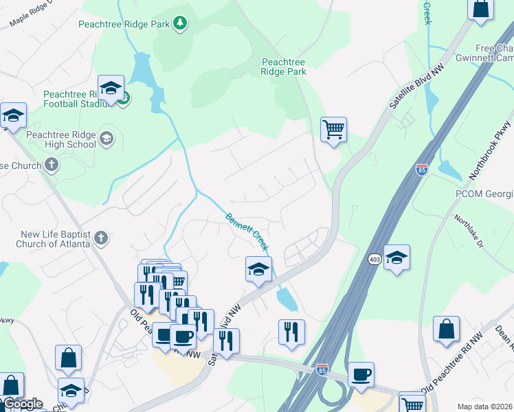 map of restaurants, bars, coffee shops, grocery stores, and more near 1455 Oglethorpe Run Lane in Suwanee