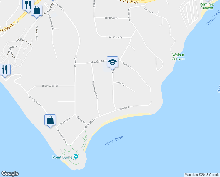 map of restaurants, bars, coffee shops, grocery stores, and more near 7059 Fernhill Drive in Malibu