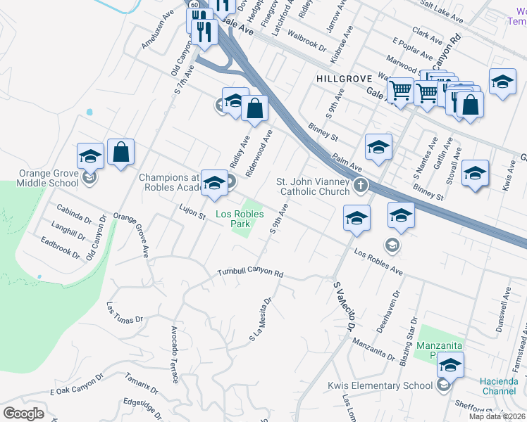 map of restaurants, bars, coffee shops, grocery stores, and more near 1531 9th Avenue in Hacienda Heights
