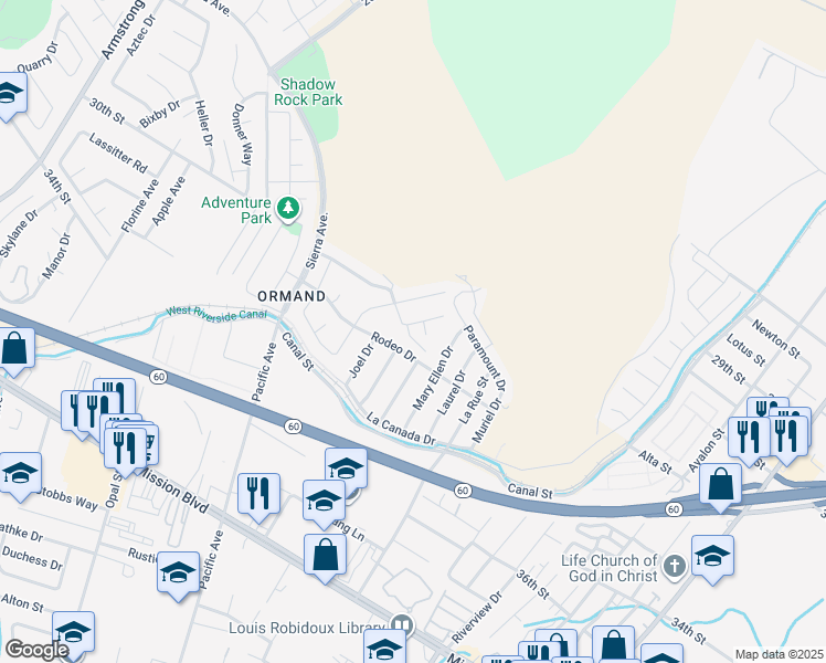 map of restaurants, bars, coffee shops, grocery stores, and more near 6340 Glenwood Springs Drive in Jurupa Valley