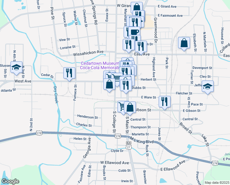 map of restaurants, bars, coffee shops, grocery stores, and more near South College Street in Cedartown