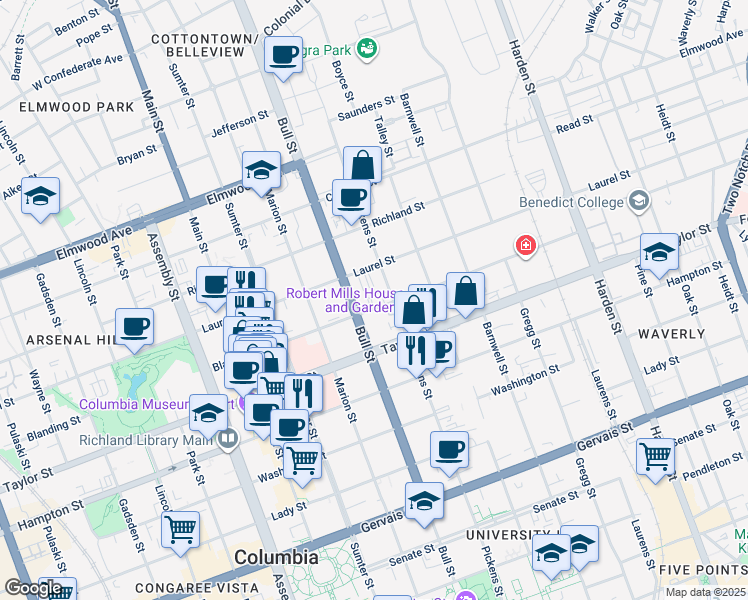 map of restaurants, bars, coffee shops, grocery stores, and more near 1501-1505 Blanding Street in Columbia