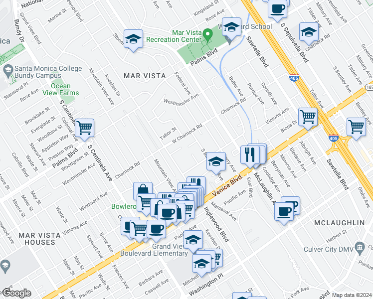 map of restaurants, bars, coffee shops, grocery stores, and more near 11928 Windward Avenue in Los Angeles