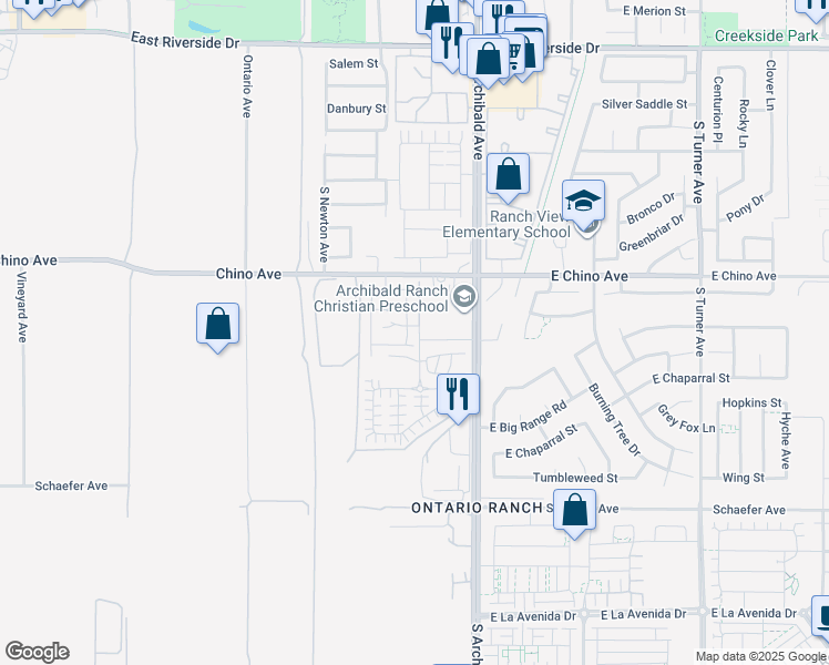 map of restaurants, bars, coffee shops, grocery stores, and more near 3503 Tanager Drive in Ontario