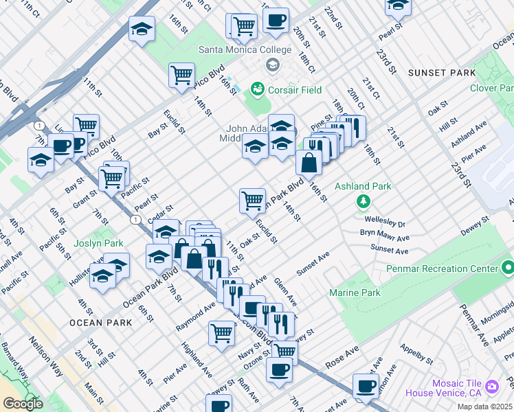 map of restaurants, bars, coffee shops, grocery stores, and more near 1311 Ocean Park in Santa Monica