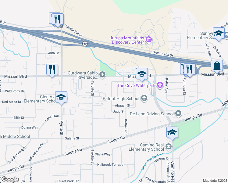 map of restaurants, bars, coffee shops, grocery stores, and more near 4331 Solomon Street in Riverside