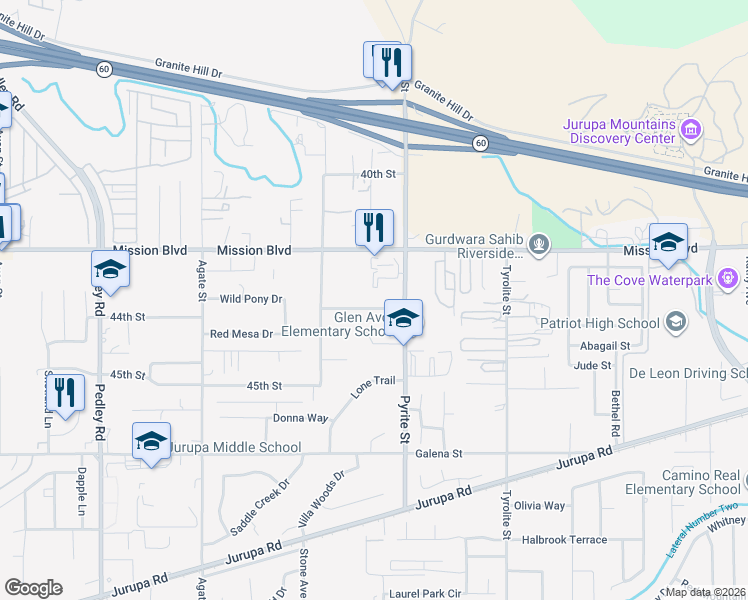 map of restaurants, bars, coffee shops, grocery stores, and more near 8250 Stonewood Lane in Riverside