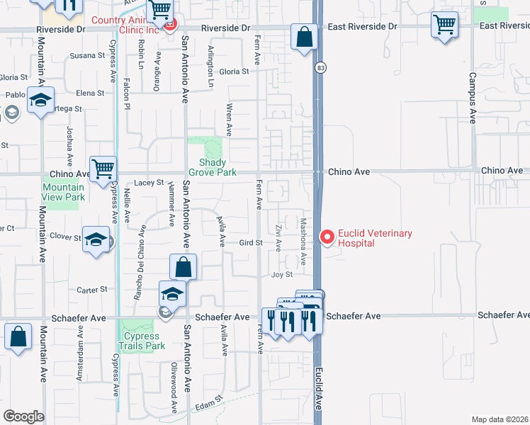 map of restaurants, bars, coffee shops, grocery stores, and more near 13450 Gold Medal Avenue in Chino