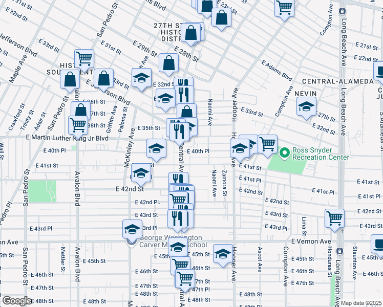 map of restaurants, bars, coffee shops, grocery stores, and more near 1137 East 41st Street in Los Angeles