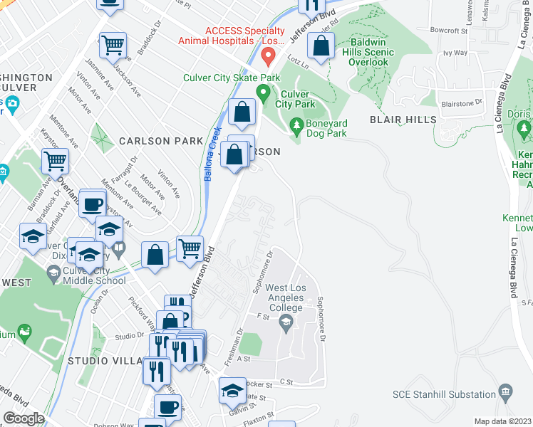 map of restaurants, bars, coffee shops, grocery stores, and more near 5025 Butterfield Court in Culver City