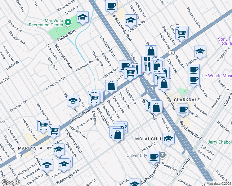 map of restaurants, bars, coffee shops, grocery stores, and more near 3816 Minerva Avenue in Los Angeles