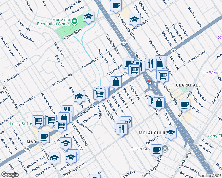 map of restaurants, bars, coffee shops, grocery stores, and more near in Los Angeles
