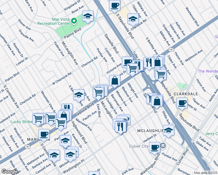 map of restaurants, bars, coffee shops, grocery stores, and more near in Los Angeles