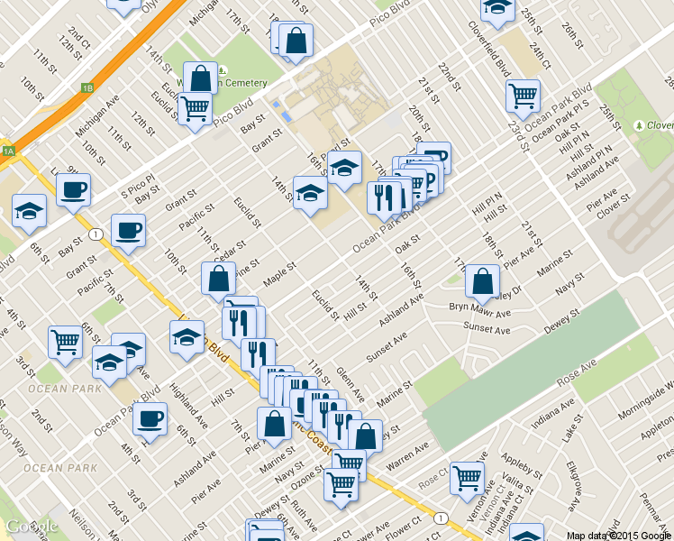 map of restaurants, bars, coffee shops, grocery stores, and more near 1345 Oak Street in Santa Monica