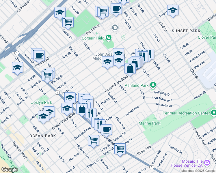 map of restaurants, bars, coffee shops, grocery stores, and more near 1302 Ocean Park Boulevard in Santa Monica