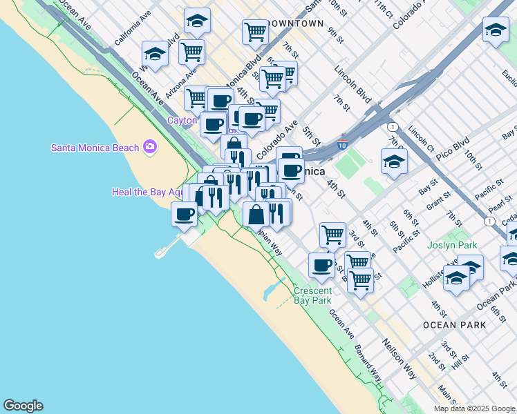 map of restaurants, bars, coffee shops, grocery stores, and more near 1667 Appian Way in Santa Monica