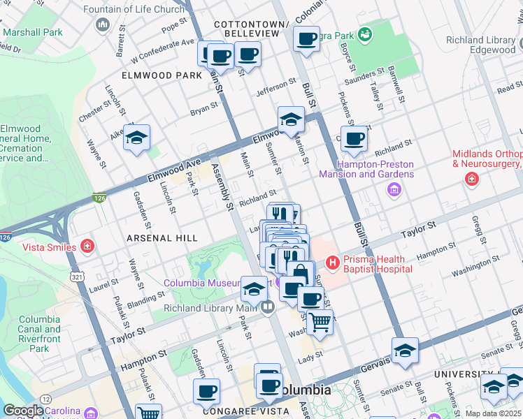 map of restaurants, bars, coffee shops, grocery stores, and more near 1801 Main Street in Columbia