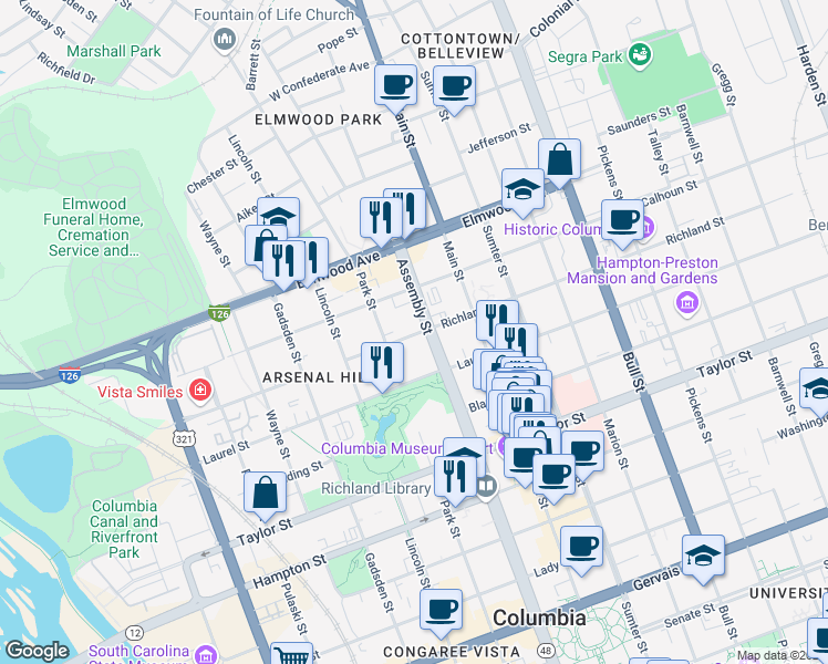 map of restaurants, bars, coffee shops, grocery stores, and more near in Columbia