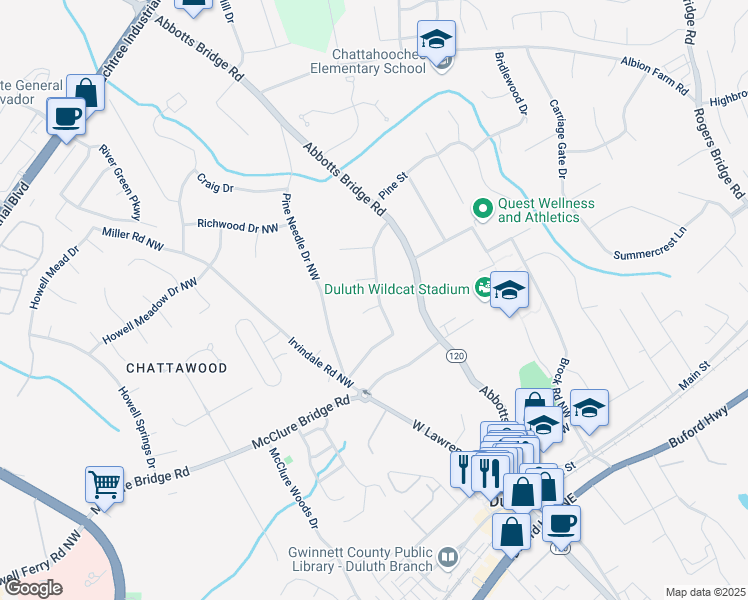 map of restaurants, bars, coffee shops, grocery stores, and more near 3081 Frankie Lane Northwest in Duluth