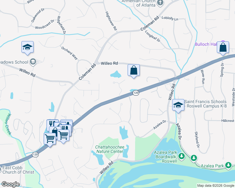 map of restaurants, bars, coffee shops, grocery stores, and more near 105 Lullwater Court in Roswell