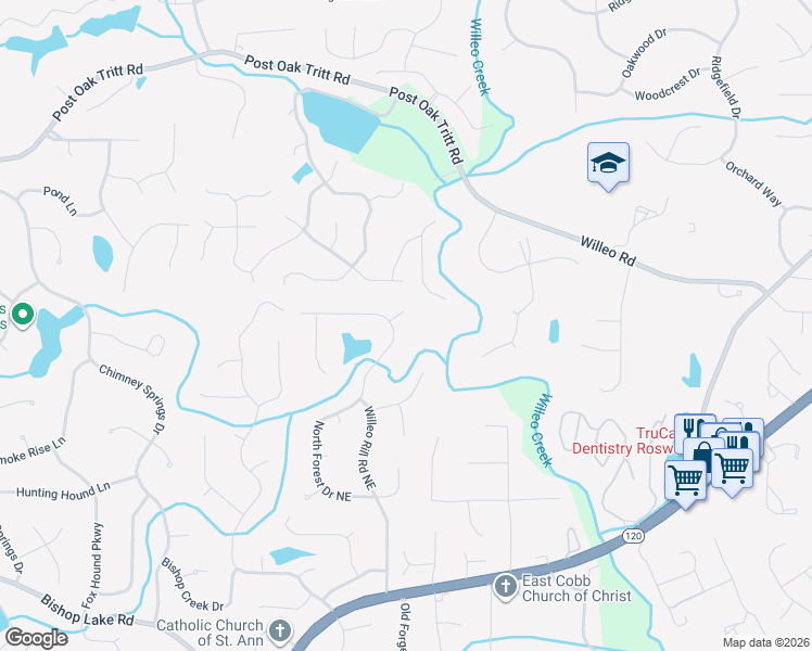 map of restaurants, bars, coffee shops, grocery stores, and more near 2446 North Forest Drive Northeast in Marietta