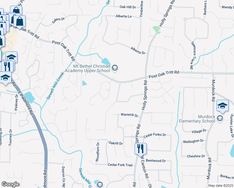 map of restaurants, bars, coffee shops, grocery stores, and more near 2421 Sara Drive Northeast in Marietta