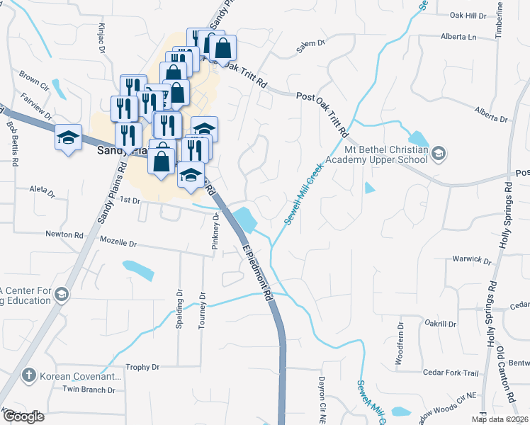 map of restaurants, bars, coffee shops, grocery stores, and more near 2171 Mainsail Drive Northeast in Marietta