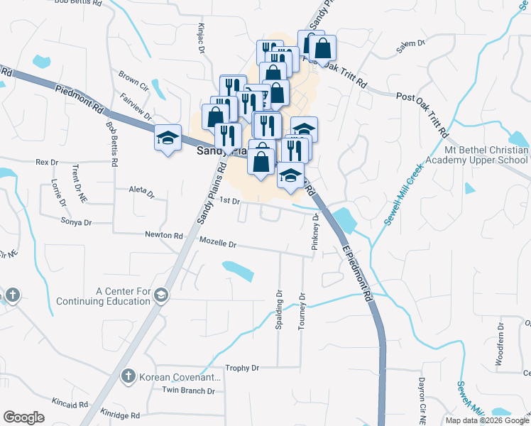 map of restaurants, bars, coffee shops, grocery stores, and more near 2101 Arbor Oaks Drive in Marietta
