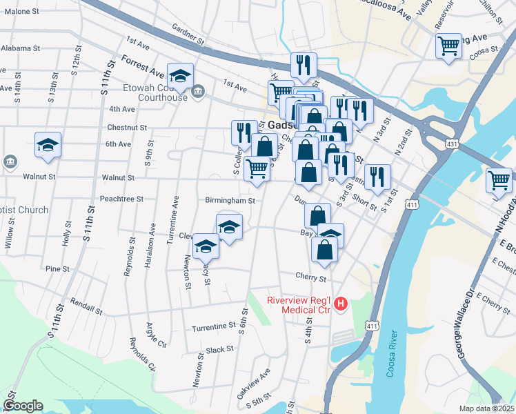 map of restaurants, bars, coffee shops, grocery stores, and more near 407 South 6th Street in Gadsden