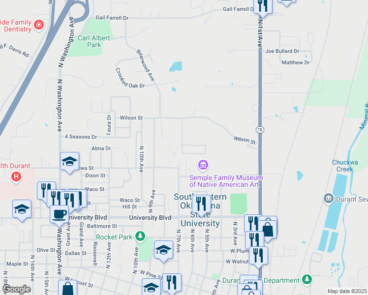 map of restaurants, bars, coffee shops, grocery stores, and more near 551 Wilson Street in Durant