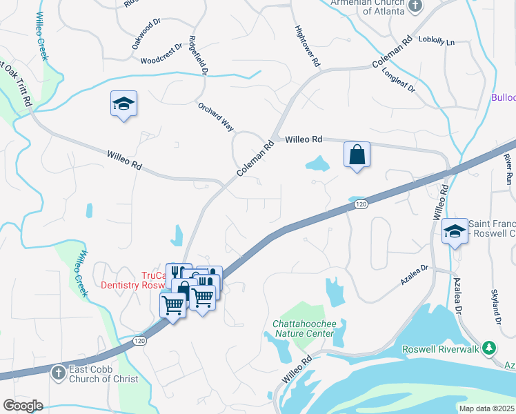 map of restaurants, bars, coffee shops, grocery stores, and more near 7010 Beloit Place in Roswell