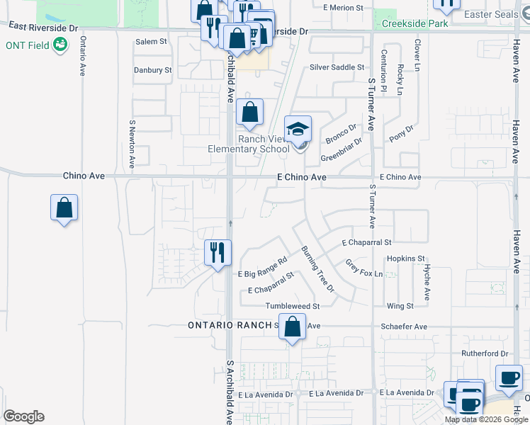 map of restaurants, bars, coffee shops, grocery stores, and more near 3471 South Arcadian Shores Avenue in Ontario