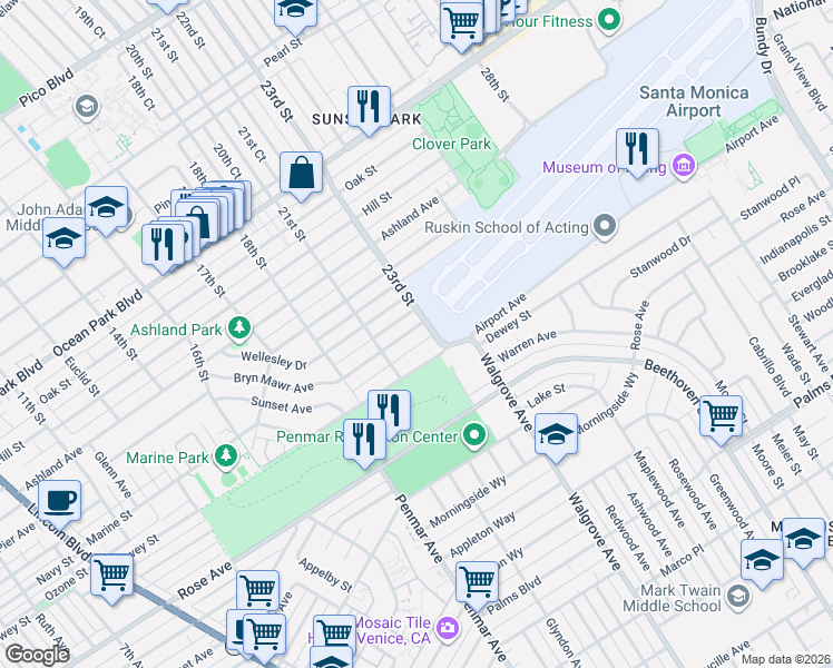 map of restaurants, bars, coffee shops, grocery stores, and more near 2212 Navy Street in Santa Monica