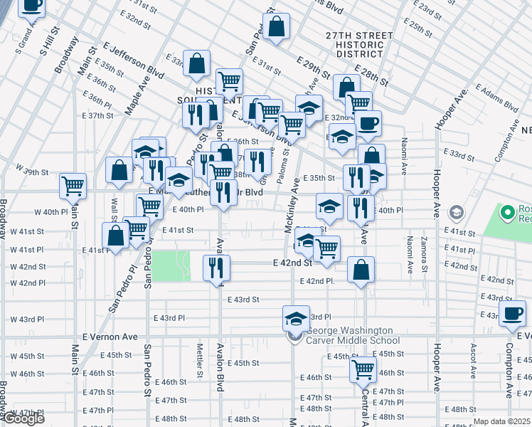 map of restaurants, bars, coffee shops, grocery stores, and more near 723 East 41st Street in Los Angeles