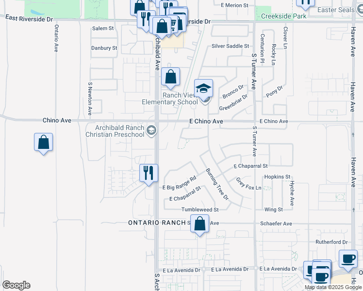 map of restaurants, bars, coffee shops, grocery stores, and more near 3471 South Arcadian Shores Avenue in Ontario