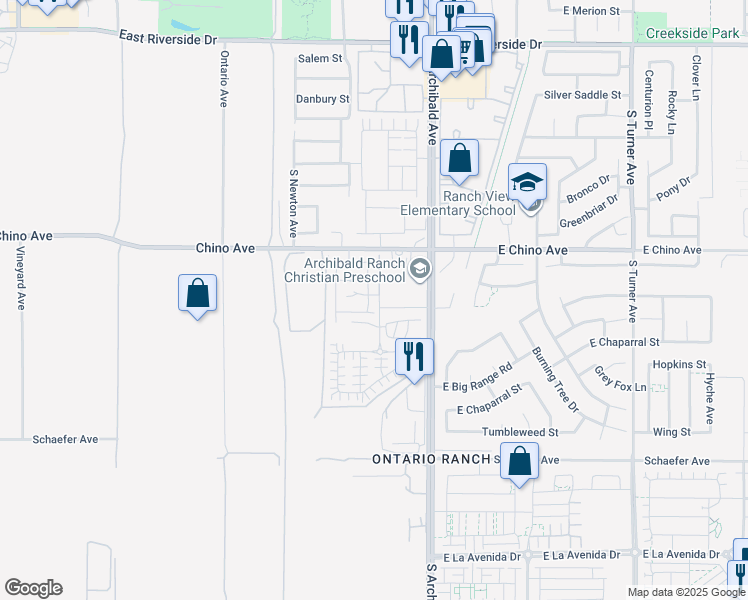 map of restaurants, bars, coffee shops, grocery stores, and more near 3503 Tanager Drive in Ontario