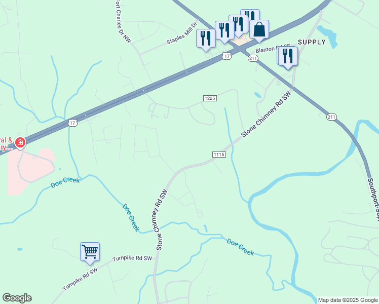 map of restaurants, bars, coffee shops, grocery stores, and more near 355 Stone Chimney Road Southwest in Brunswick County