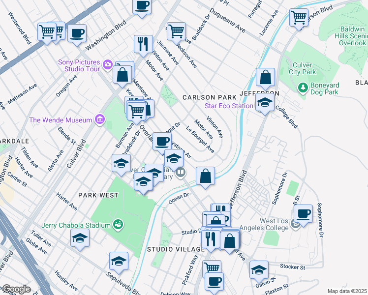 map of restaurants, bars, coffee shops, grocery stores, and more near 4354 Keystone Avenue in Culver City