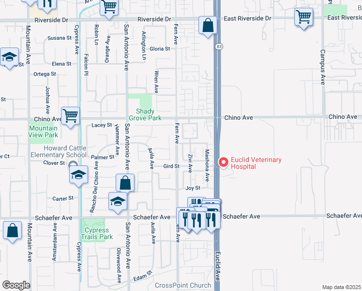 map of restaurants, bars, coffee shops, grocery stores, and more near 13410 Gold Medal Avenue in Chino