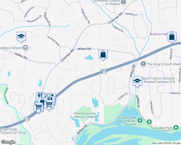 map of restaurants, bars, coffee shops, grocery stores, and more near 105 Lullwater Court in Roswell
