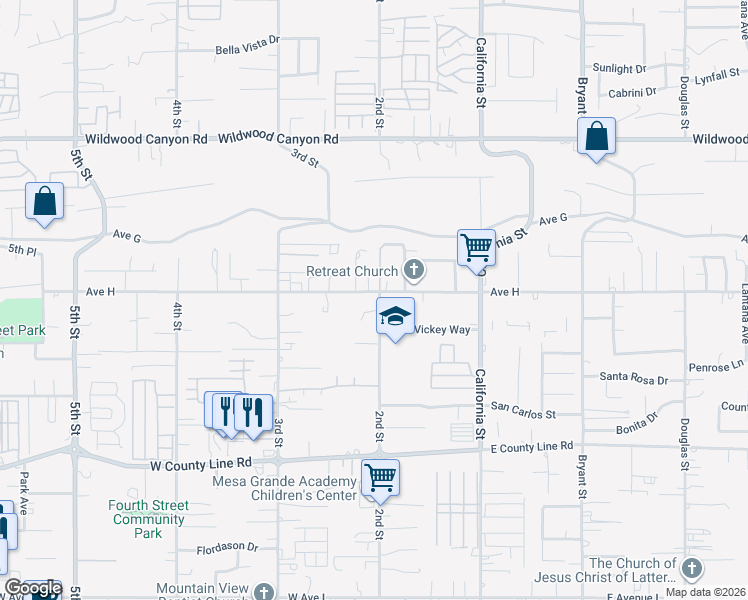 map of restaurants, bars, coffee shops, grocery stores, and more near 34891 Avenue H in Yucaipa