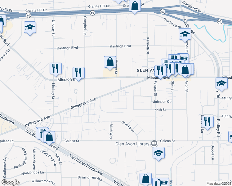 map of restaurants, bars, coffee shops, grocery stores, and more near 4338 Glenroy Court in Riverside